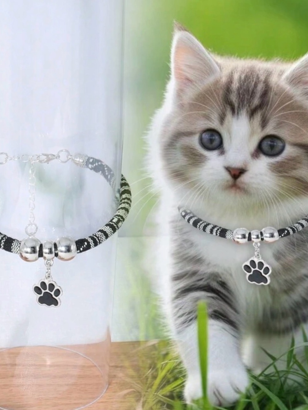 Black & White Woven Rope Bracelet with Paw Print Chain